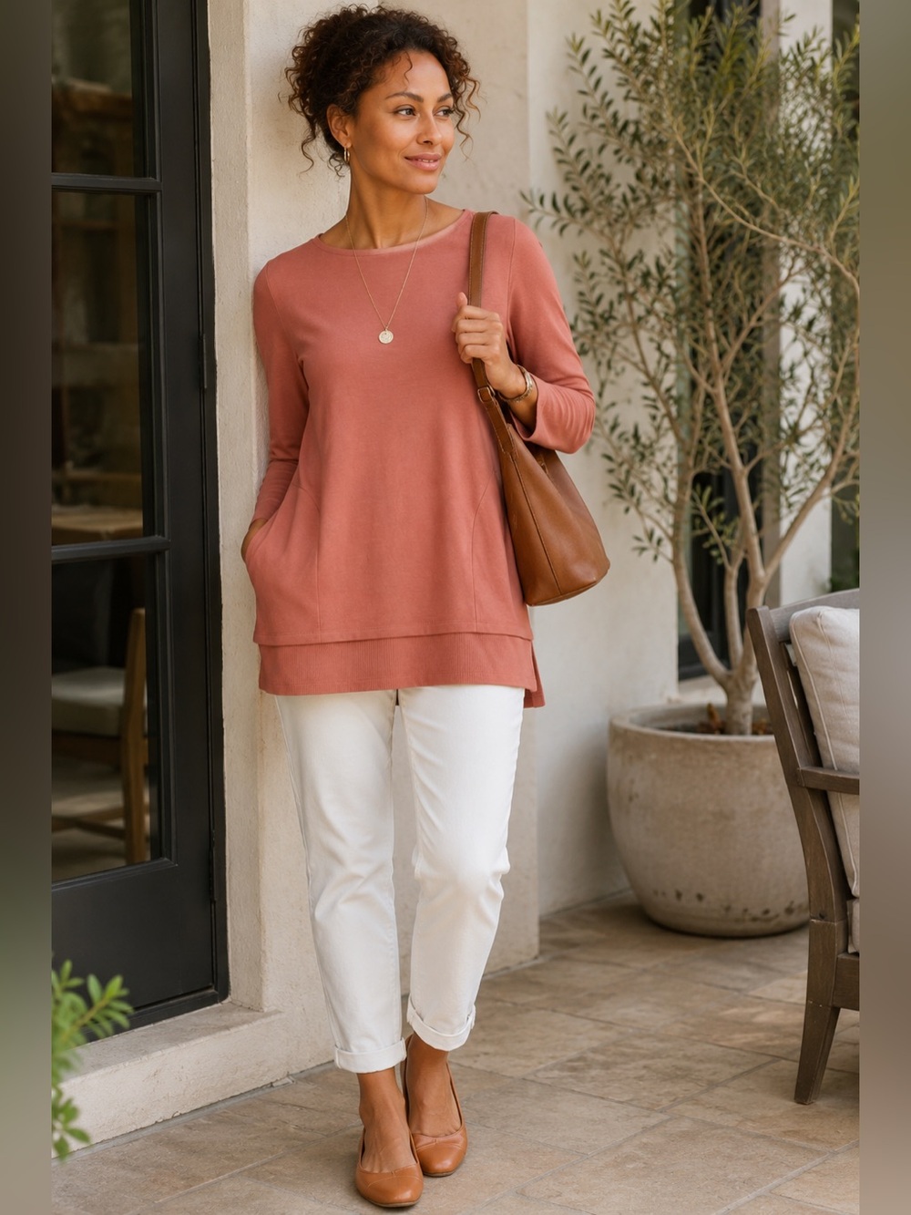 Pure Jill Harmony Rib Trim Tunic Top Red Clay Medium Pima Cotton Pockets